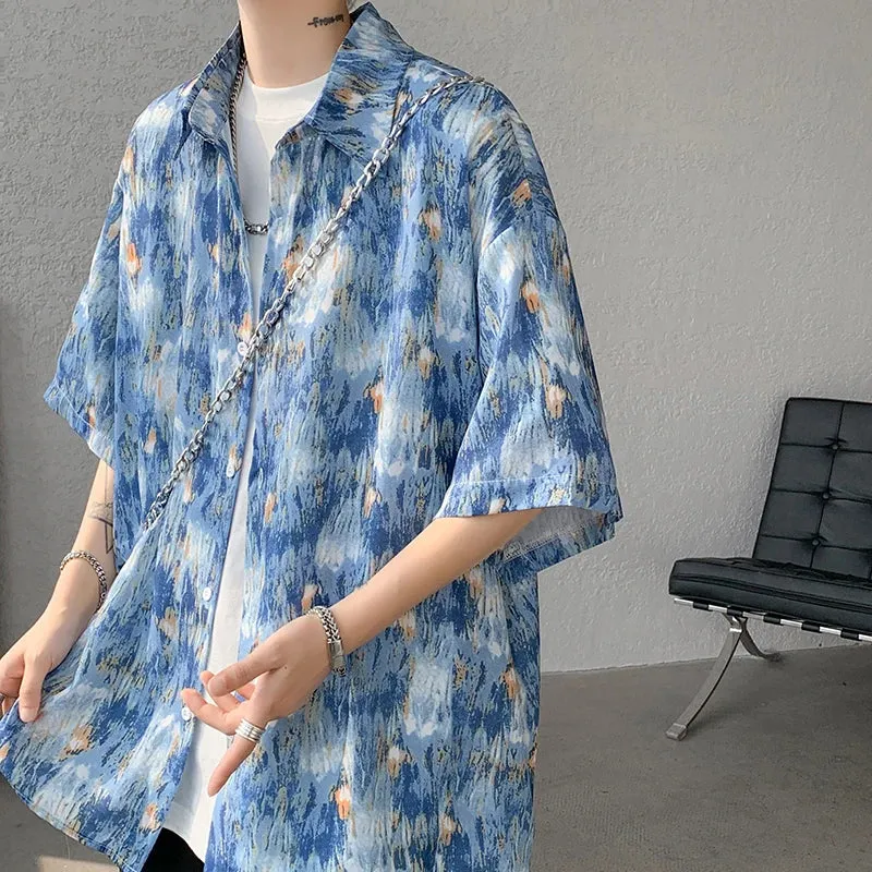 Xituodai Men Ice Silk Smooth Shirt Spring Summer Thin Luxury Loose Korean Casual Shirt Beach Trendy Floral Draping Shirts Plus S