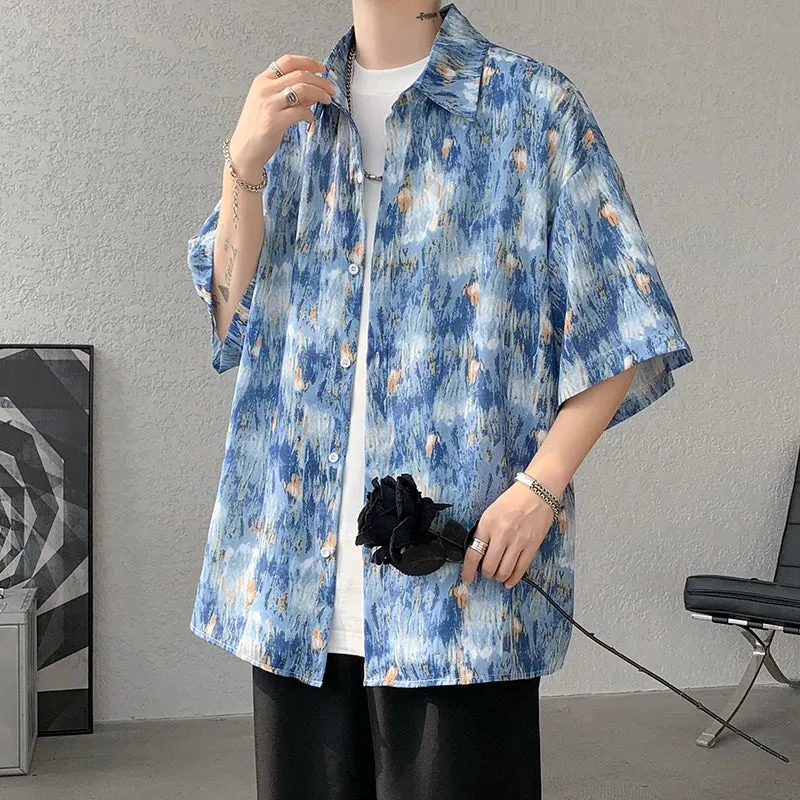 Xituodai Men Ice Silk Smooth Shirt Spring Summer Thin Luxury Loose Korean Casual Shirt Beach Trendy Floral Draping Shirts Plus S