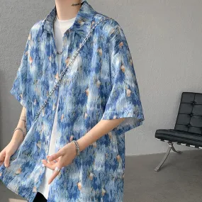 Xituodai Men Ice Silk Smooth Shirt Spring Summer Thin Luxury Loose Korean Casual Shirt Beach Trendy Floral Draping Shirts Plus S