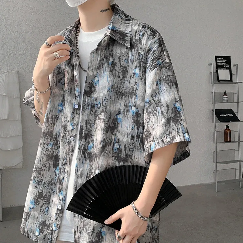 Xituodai Men Ice Silk Smooth Shirt Spring Summer Thin Luxury Loose Korean Casual Shirt Beach Trendy Floral Draping Shirts Plus S