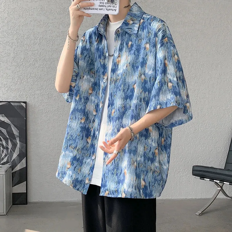 Xituodai Men Ice Silk Smooth Shirt Spring Summer Thin Luxury Loose Korean Casual Shirt Beach Trendy Floral Draping Shirts Plus S